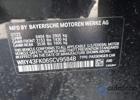 2025 BMW I5 M60 from USA, damaged, VIN WBY43FK06SCV95848
